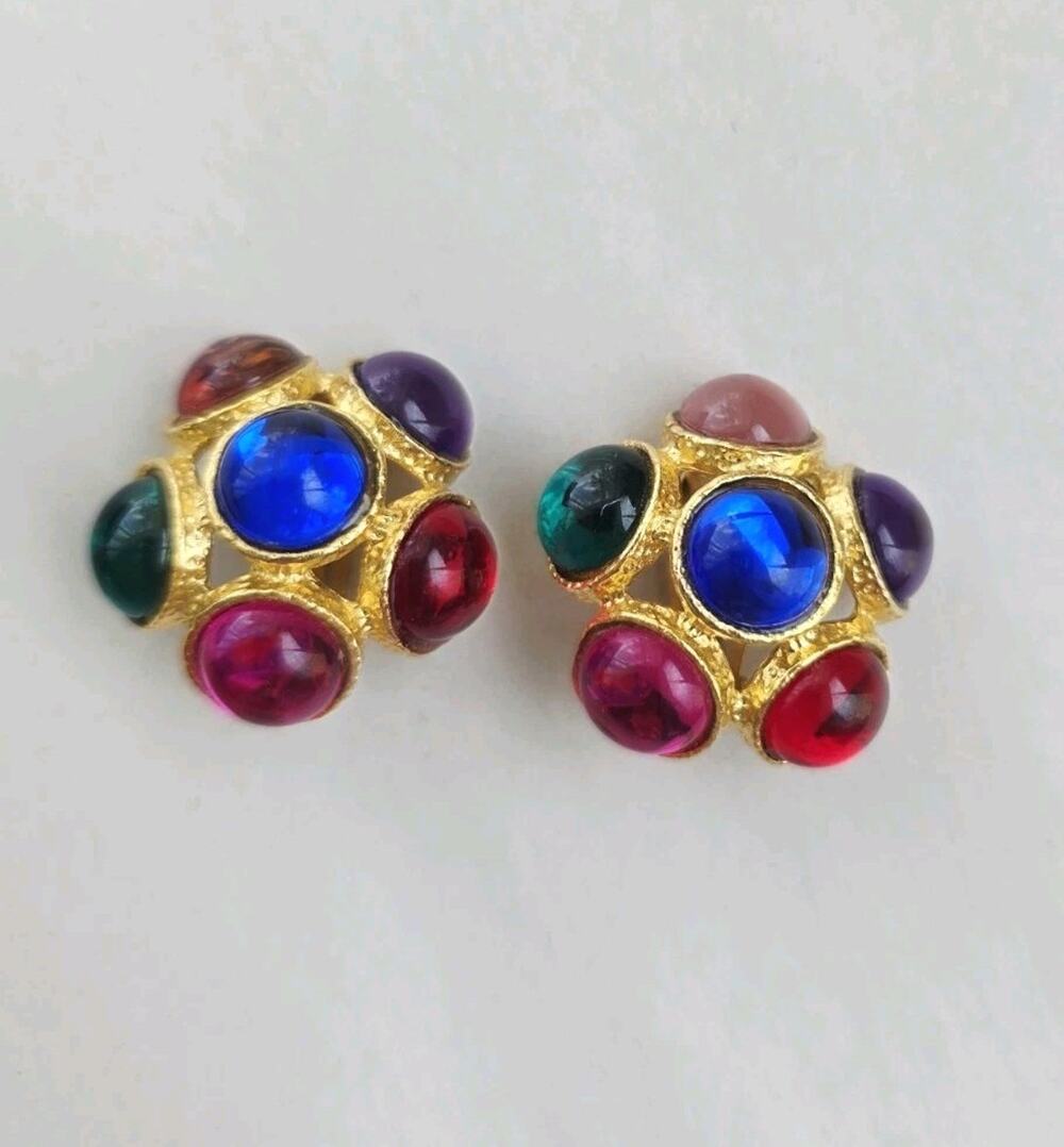 Vintage Cabochon Colorful Clip-on Earrings Jeweltone old money Style